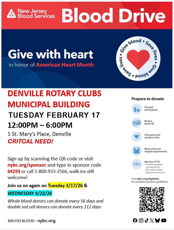 Denville Rotary Clubs to Host Blood Drive on February 17, 2026 at ...