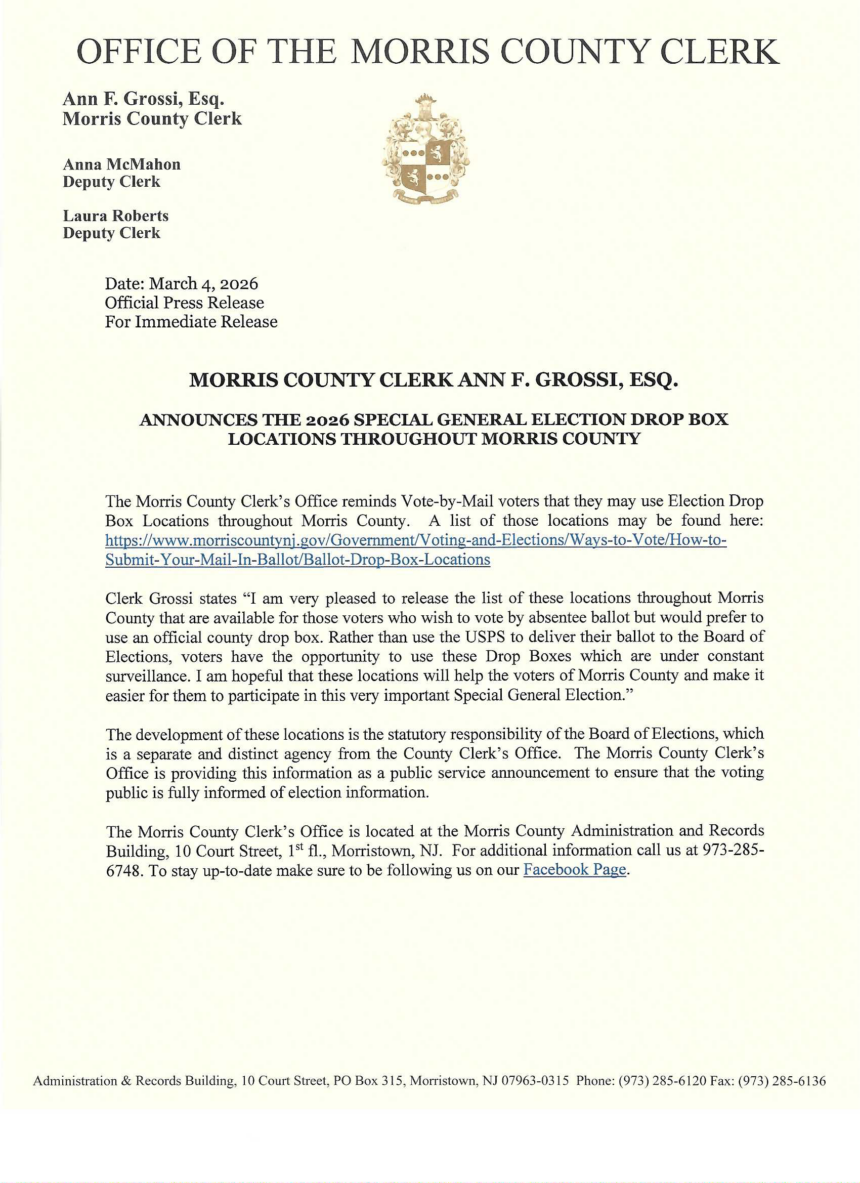 Morris County Announces 2026 Special General Election Ballot Drop Box Locations