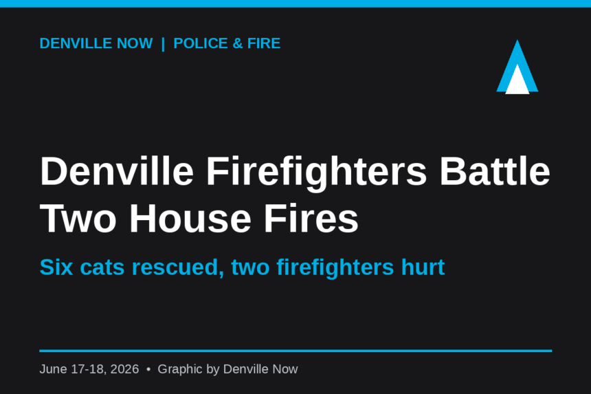 Denville Now graphic on the Denville Fire Department battling two house fires and rescuing six cats