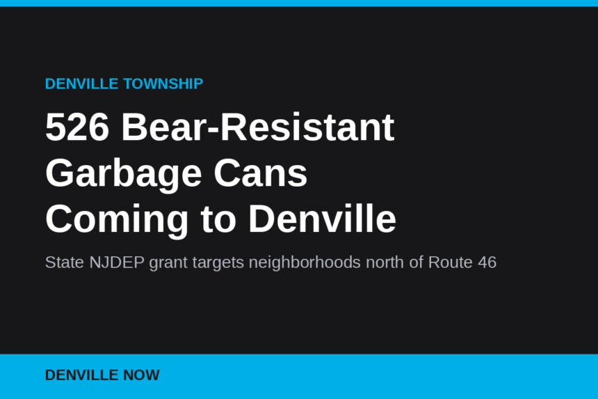 Denville Now graphic announcing 526 bear-resistant garbage cans coming to Denville Township through a state NJDEP grant