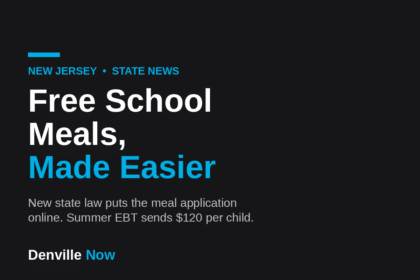 Denville Now graphic announcing a new New Jersey law making free school meal applications easier to find online, plus Summer EBT benefits