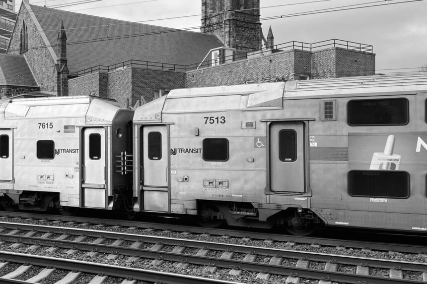 NJ Transit double-decker train cars on urban tracks, illustrating the statewide fare increase taking effect July 1, 2026.