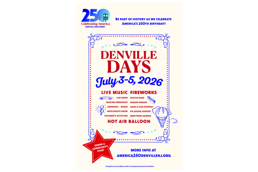 Denville Days July 3-5, 2026 official festival poster for America's 250th celebration at Gardner Field