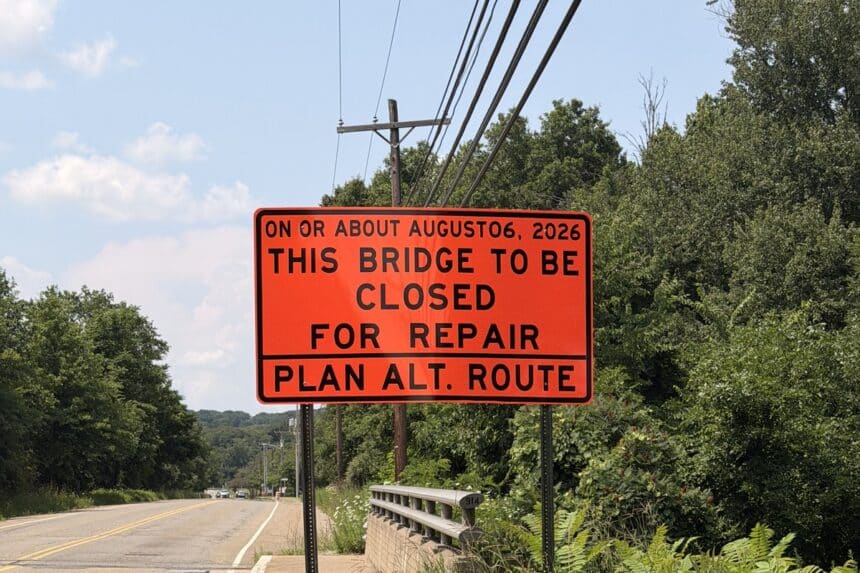 Orange sign on Morris Avenue in Denville reading this bridge to be closed for repair on or about August 6, 2026