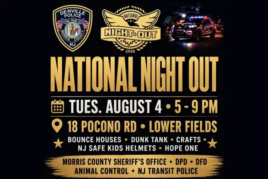 Denville Police Department flyer for National Night Out on Tuesday, Aug. 4, 2026, from 5 to 9 p.m. at the lower fields at 18 Pocono Road in Denville