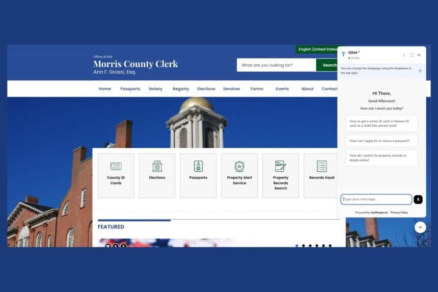 Morris County Clerk website with the Virtual A.I. Assistant chat panel open