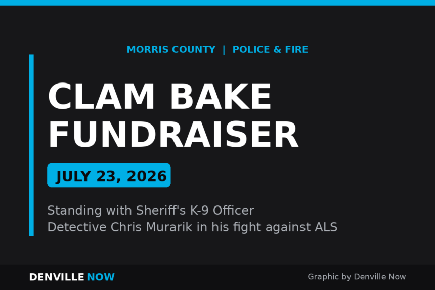 Denville Now graphic announcing the July 23, 2026 clam bake fundraiser for Morris County Sheriff's K-9 officer Chris Murarik, who is battling ALS