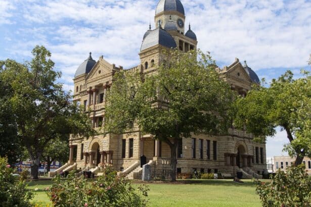 A historic county courthouse with tall columns, representing the justice system.