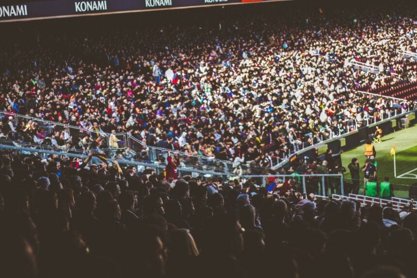 Soccer fans pack a stadium during a match ahead of the 2026 World Cup Final at MetLife Stadium