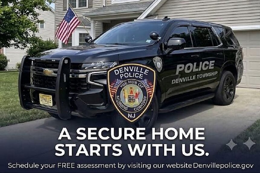 Denville Township Police SUV parked in a residential driveway under the message A Secure Home Starts With Us