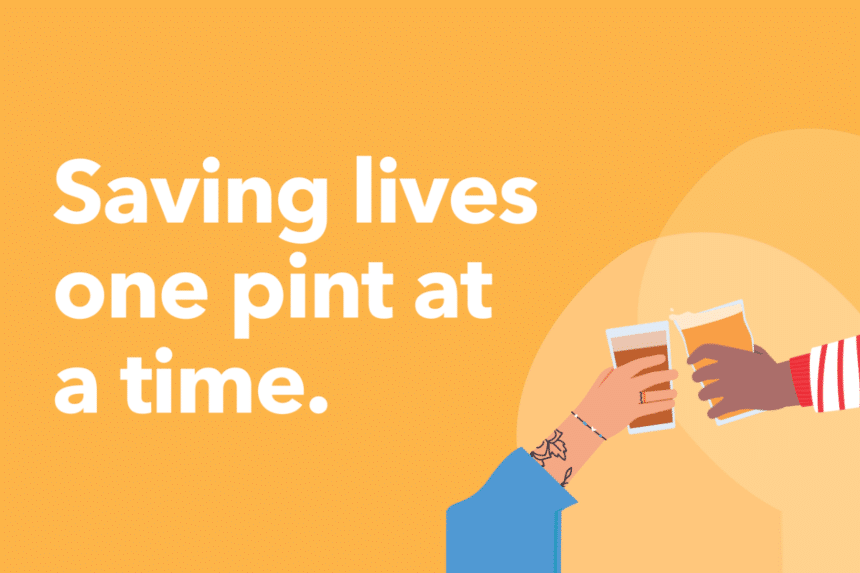New York Blood Center Blood for a Brew graphic reading Saving lives one pint at a time, with two hands toasting glasses