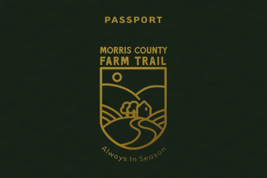 Gold Morris County Farm Trail crest and Always In Season tagline on a dark green passport cover