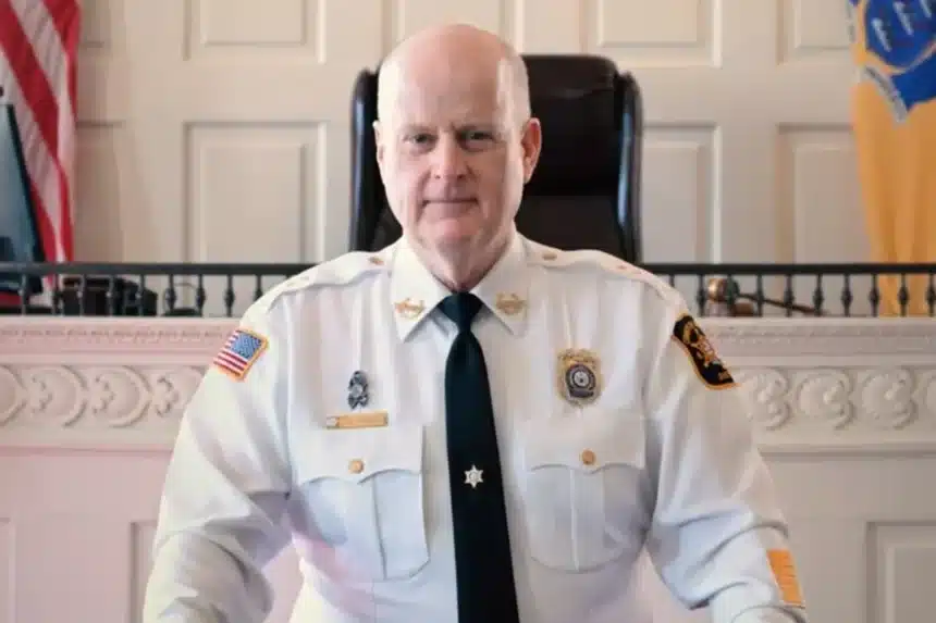 Morris County Sheriff James M. Gannon in uniform delivering a public safety message about a jury duty phone scam
