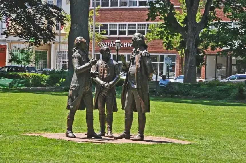 The Alliance statues of the Marquis de Lafayette, Alexander Hamilton and George Washington on the Morristown Green, site of Living History Weekend activities.