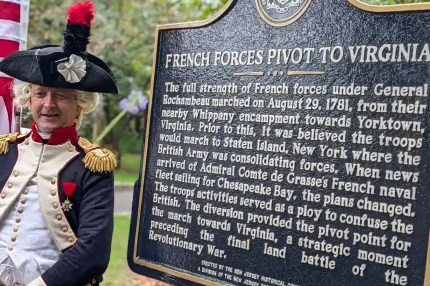 New Jersey historical marker titled French Forces Pivot to Virginia standing at the Frelinghuysen Arboretum in Morris Township