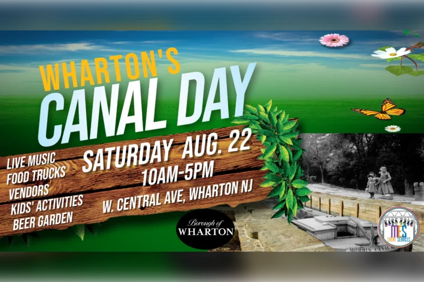 Wharton's Canal Day 2026 event graphic listing live music, food trucks, vendors, kids' activities and a beer garden on Saturday, Aug. 22 from 10 a.m. to 5 p.m. on West Central Avenue in Wharton.