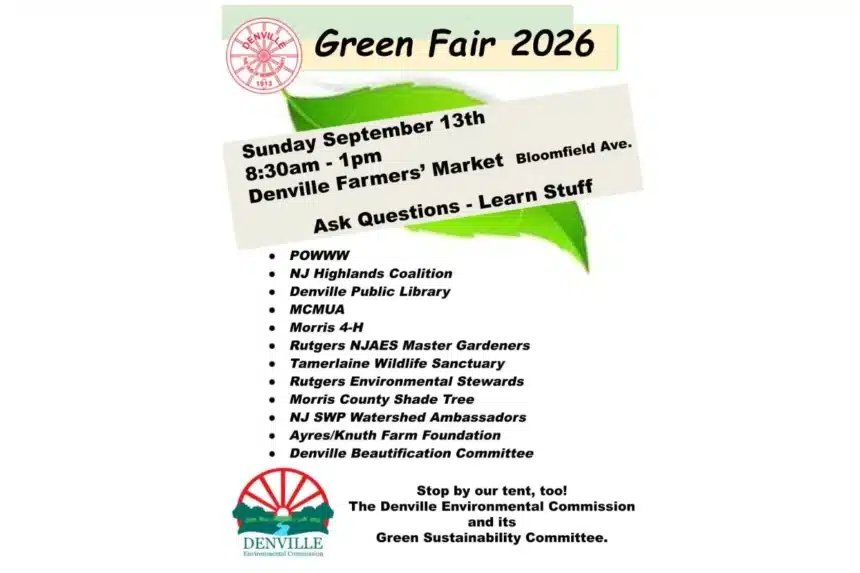 Green Fair 2026 flyer listing exhibitors for the Denville Farmers Market event on Sunday, September 13, 2026