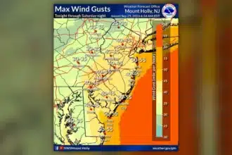 National Weather Service map forecasting nor'easter wind gusts of 40 to 45 mph around Morristown and northern New Jersey through Saturday night, Sept. 26, 2026