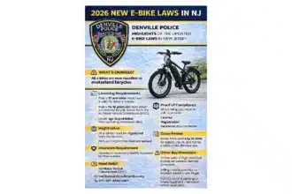 Denville Police flyer summarizing New Jersey's 2026 e-bike laws, including license, registration and insurance requirements