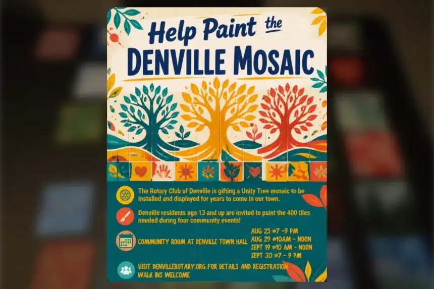Rotary Club of Denville flyer inviting residents to help paint the Unity Tree mosaic at Denville Town Hall
