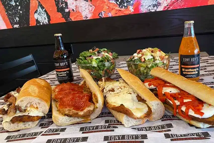 Cutlet sandwiches, chopped salads and Tony Boy's bottled drinks arranged on branded deli paper inside a Tony Boy's Sandwich House.