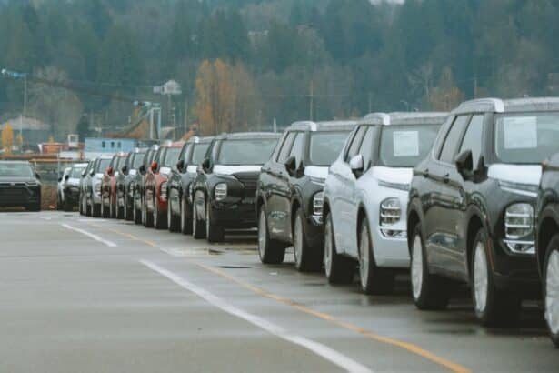 Rows of new SUVs parked in a dealership lot