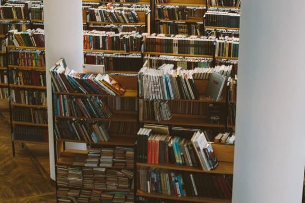 Rows of wooden bookshelves filled with books in a public library