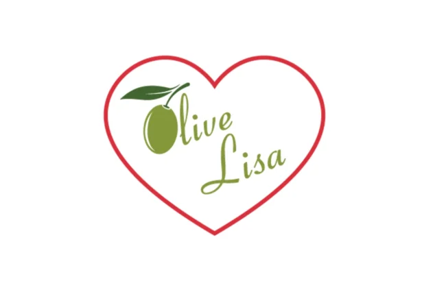 Olive Lisa Fine Olive Oils and Balsamics logo, a green olive inside a red heart outline