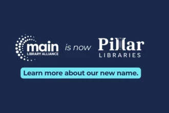 Graphic announcing that the MAIN Library Alliance is now Pillar Libraries, white logos on a navy background