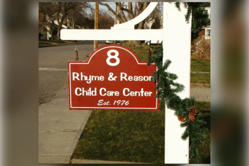 Red Rhyme and Reason Child Care Center sign at 8 Myers Avenue in Denville reading Est. 1976